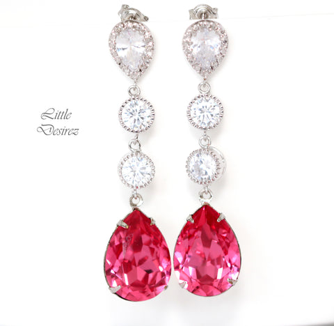 Pink Earrings Fuchsia Earrings Hot Pink Earrings Long Crystal Earrings Magenta Earrings Sparkly Pink Bridal Earrings RP31PCC
