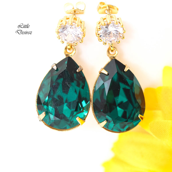 Emerald Post Earrings Green Earrings Teardrop Crystal Emerald Green Jewelry Cubic Zirconia 16k Gold Plated Bridesmaid Gift Christmas EM31H