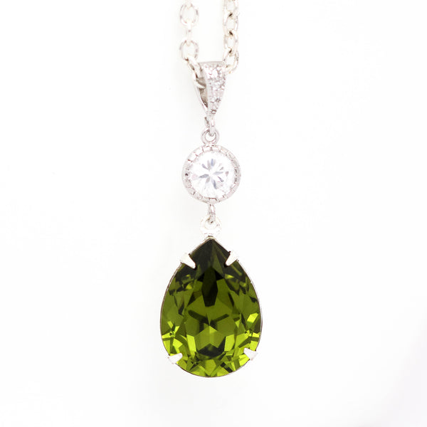 Green Necklace & Earrings Set  Jewelry Bridesmaid Jewelry Olive Green Jewelry Crystal Jewelry Cubic Zirconia Hypoallergenic OG31JS