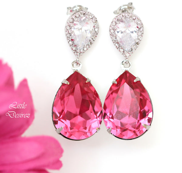 Pink Earrings Bridesmaid Earrings Crystal Earrings Bridal Earrings Rose Pink Earrings Bridesmaid Gift Magenta Fuchsia Dangle Earrings RP31P