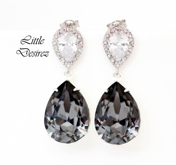 Charcoal Grey Earrings Silver Night Crystal Post Earrings SN31P