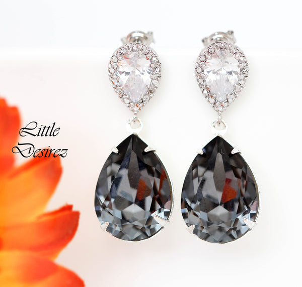 Charcoal Grey Earrings Silver Night Crystal Post Earrings SN31P