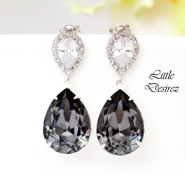 Charcoal Grey Earrings Silver Night Crystal Post Earrings SN31P