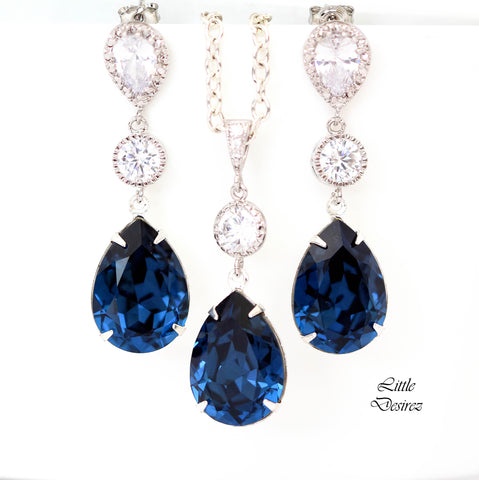 Navy Blue Bridal Set Navy Blue Jewelry Set Bridesmaid Jewelry Navy Bridal Party Jewelry Set Pear Jewelry Set Long Earrings Navy Blue MO31JS