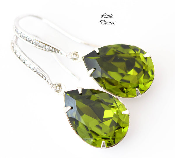 Olive Green Earrings Olivine  Teardrop Earrings Bridal Earrings Bridesmaid Gift Silver Earrings Sparkly Bridal Party Jewelry OG31H
