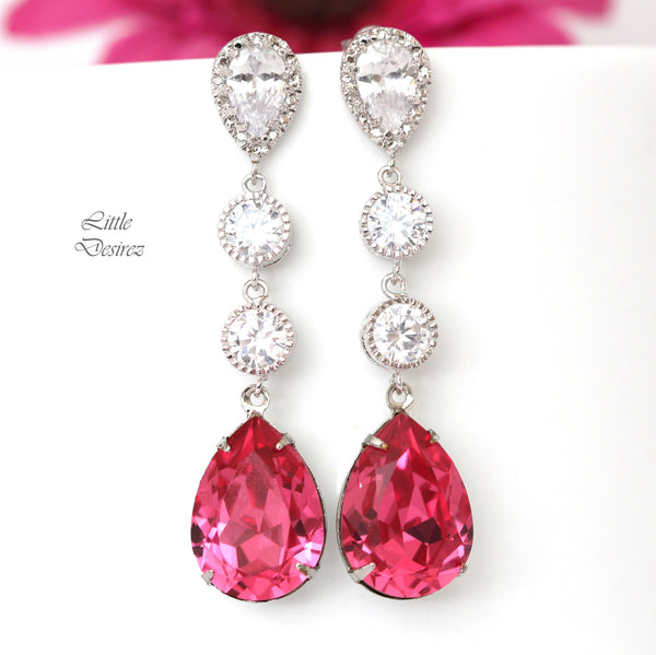 Pink Earrings Fuchsia Earrings Hot Pink Earrings Long Crystal Earrings Magenta Earrings Sparkly Pink Bridal Earrings RP31PCC