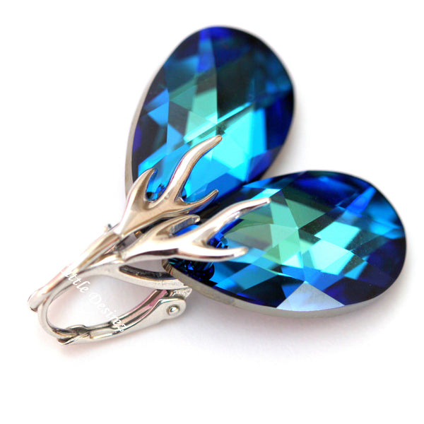 Silver Leverback Earrings, Blue Dangle Crystal Earrings, Beach Wedding Jewelry BB32L