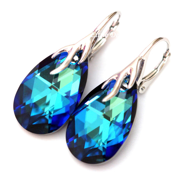 Silver Leverback Earrings, Blue Dangle Crystal Earrings, Beach Wedding Jewelry BB32L