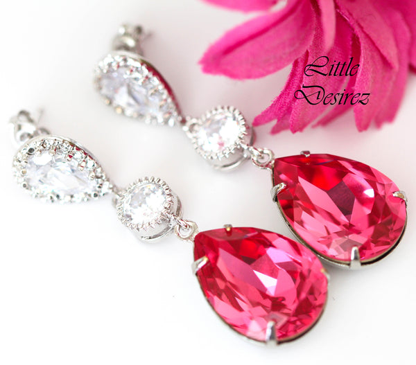 Pink Jewelry Set Hot Pink Earrings Necklace Austrian Crystal Rose Pink Fuchsia Pink Bridesmaid Gift Cubic Zirconia Hypoallergenic RP31JS