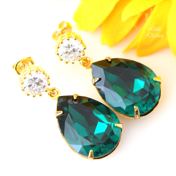 Emerald Post Earrings Green Earrings Teardrop Crystal Emerald Green Jewelry Cubic Zirconia 16k Gold Plated Bridesmaid Gift Christmas EM31H