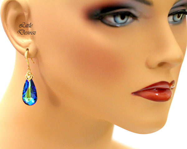 Blue and Gold Earrings Bermuda Blue Crystal Cubic Zirconia Earrings Blue Bridal Earrings Peacock colors Bridesmaid Earrings BB33H