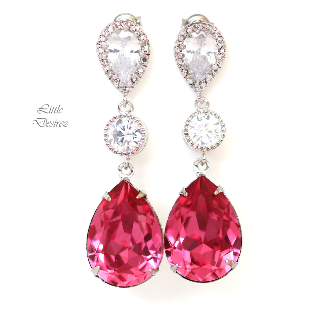 Hot Pink Earrings Fuchsia Earrings Pear Crystal Bridal Earrings Rose Pink Magenta Fuchsia Bridesmaids Pink Earrings RP31PC