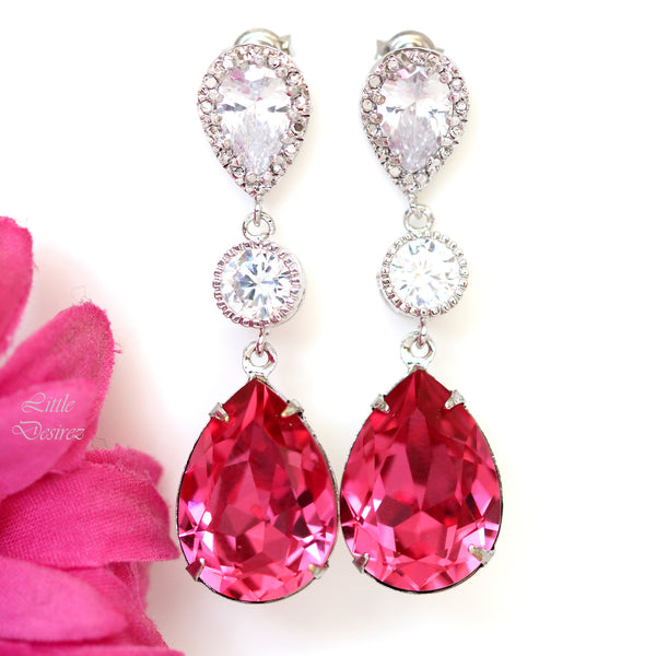 Hot Pink Earrings Fuchsia Earrings Pear Crystal Bridal Earrings Rose Pink Magenta Fuchsia Bridesmaids Pink Earrings RP31PC