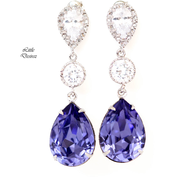 Purple Earrings Long Dangle Earrings  Crystal Tanzanite Lilac Mauve Crystal Earrings Bridesmaid Earrings Sterling Silver TZ31PC