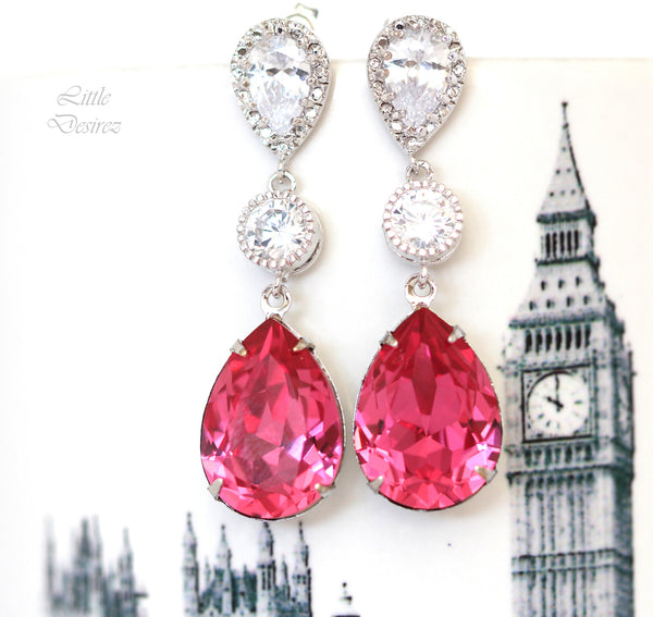 Hot Pink Earrings Fuchsia Earrings Pear Crystal Bridal Earrings Rose Pink Magenta Fuchsia Bridesmaids Pink Earrings RP31PC