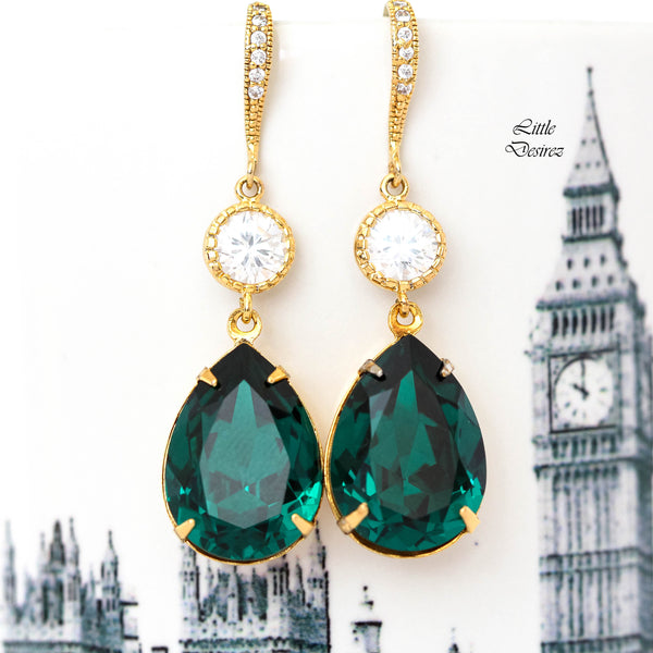 Emerald Green Earrings Bridal Earrings  Green Earring Cubic Zirconia 16k Gold Plated Setting Bridesmaid Gift Wedding Jewelry EM31HC