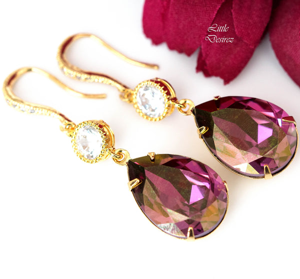 Purple and Gold Earrings  Lilac Shadow Crystal Purple Earrings Plum Pink Lilac Cubic Zirconia Earrings Bridesmaid Gift LS31HC