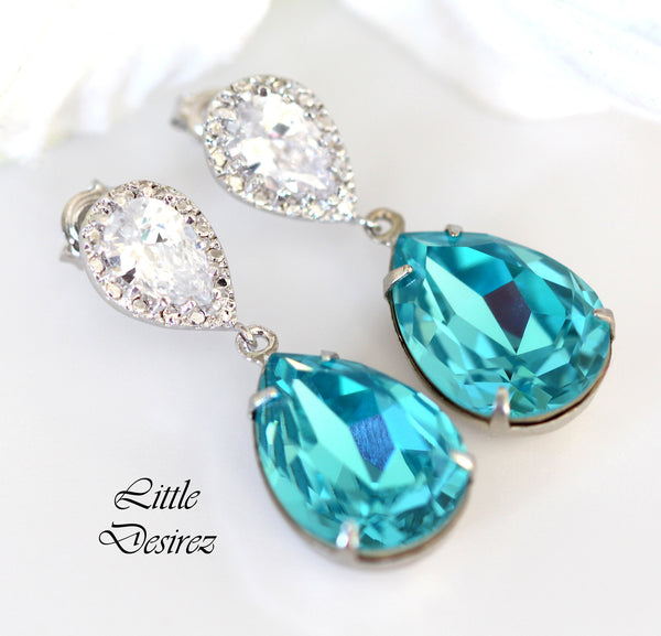 Blue Crystal Drop Earrings Cubic Zirconia Ear Posts Bridesmaid Earrings Blue Earrings Turquoise Earrings Wedding Jewelry Crystal Drop TQ31P