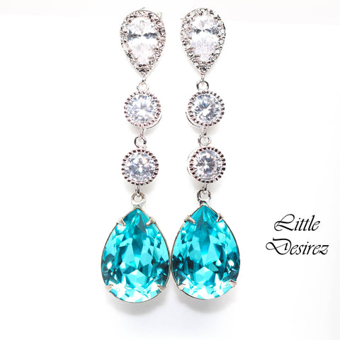 Long Blue Earrings Turquoise Earrings Blue Wedding Earrings Bridal Earrings Long Crystal Earrings Gift for Her Anniversary Gift TQ31PCC