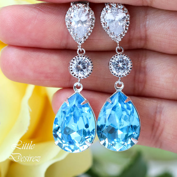 Aquamarine Earrings Aqua Blue Earrings Something Blue ideas Bridal Earrings Bridesmaid Earrings Gift for Her CZ Earrings  AQ31PC