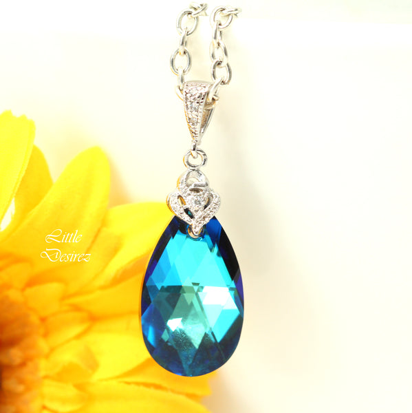 Bermuda Blue  Crystal Necklace Blue Necklace Bridal Necklace Bridesmaid Necklace Blue Bridal Pendant Teal Blue Necklace BB32N
