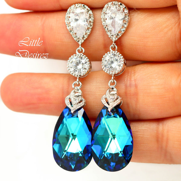 Bridal Chandelier Earrings Blue Dangle Earrings for Women Bridesmaid Jewelry Beach Wedding Statement Earrings Pear Bridal Earrings BB32PC