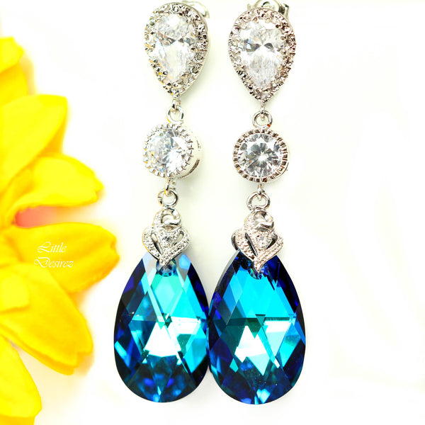 Bridal Chandelier Earrings Blue Dangle Earrings for Women Bridesmaid Jewelry Beach Wedding Statement Earrings Pear Bridal Earrings BB32PC