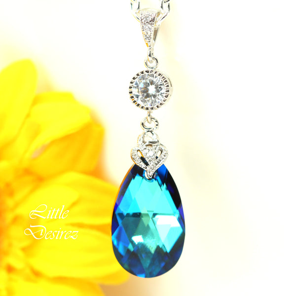 Bridal Necklace Bermuda Blue  Crystal Necklace Blue Necklace Bridesmaid Blue Necklace Blue Pendant Necklace Silver Necklace BB32N