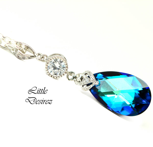 Bridal Necklace Bermuda Blue  Crystal Necklace Blue Necklace Bridesmaid Blue Necklace Blue Pendant Necklace Silver Necklace BB32N
