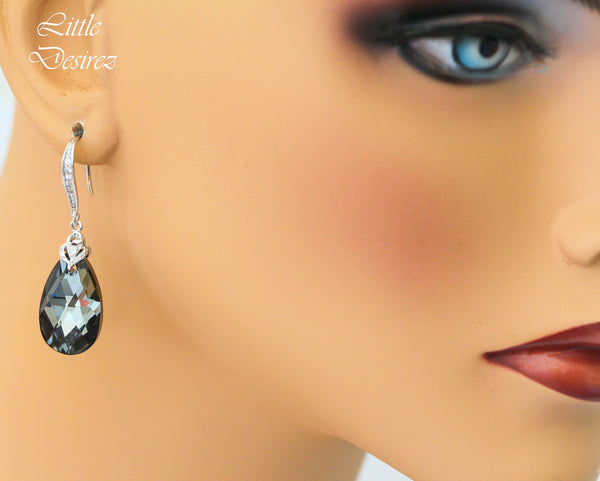 Grey Earrings Silver Night Teardrop Crystal Charcoal Grey Black & Silver Bridesmaid Earrings Cubic Zirconia Earrings SN32H