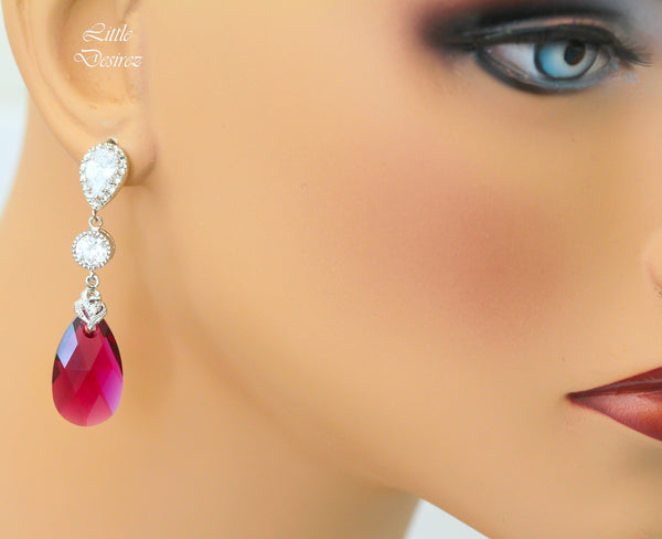 Fuchsia Earrings Pink Earrings Ruby Earrings  Ruby Crystal Teardrop Bridal Jewelry Bridesmaid Earrings Cubic Zirconia RP32PC