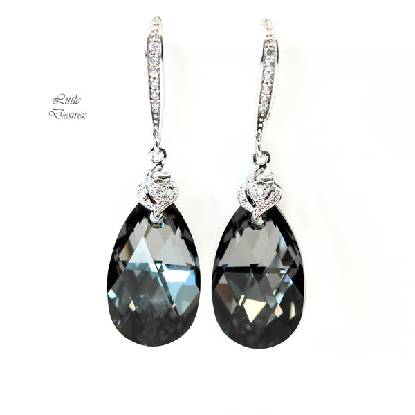 Grey Earrings Silver Night Teardrop Crystal Charcoal Grey Black & Silver Bridesmaid Earrings Cubic Zirconia Earrings SN32H