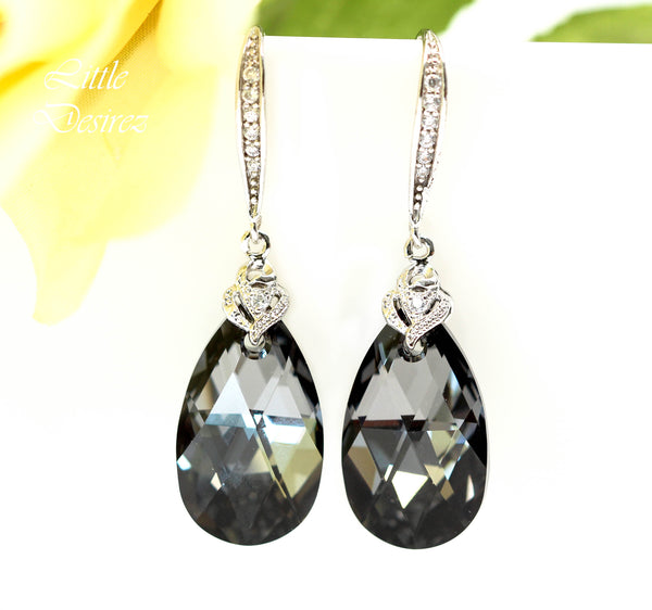 Grey Earrings Silver Night Teardrop Crystal Charcoal Grey Black & Silver Bridesmaid Earrings Cubic Zirconia Earrings SN32H