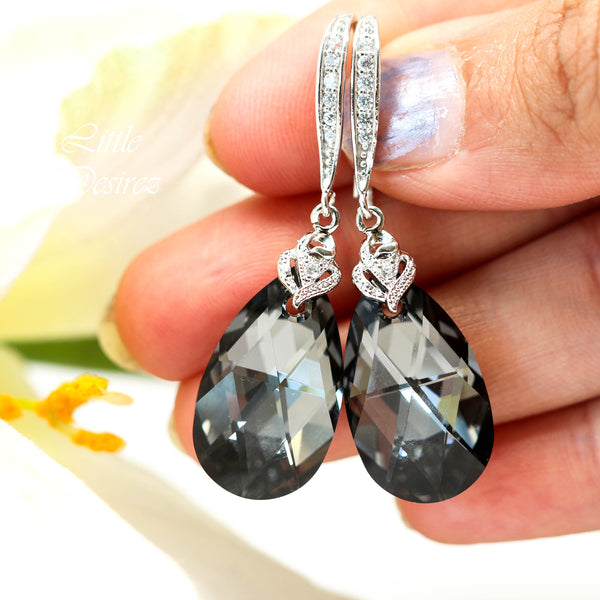 Grey Earrings Silver Night Teardrop Crystal Charcoal Grey Black & Silver Bridesmaid Earrings Cubic Zirconia Earrings SN32H