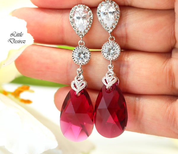 Fuchsia Earrings Pink Earrings Ruby Earrings  Ruby Crystal Teardrop Bridal Jewelry Bridesmaid Earrings Cubic Zirconia RP32PC