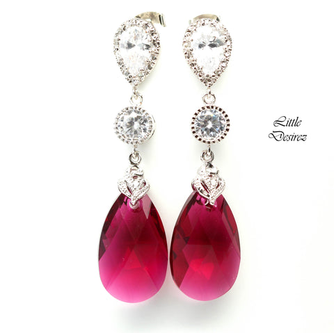 Fuchsia Earrings Pink Earrings Ruby Earrings  Ruby Crystal Teardrop Bridal Jewelry Bridesmaid Earrings Cubic Zirconia RP32PC