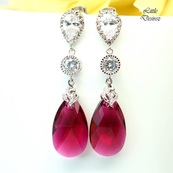 Fuchsia Earrings Pink Earrings Ruby Earrings  Ruby Crystal Teardrop Bridal Jewelry Bridesmaid Earrings Cubic Zirconia RP32PC