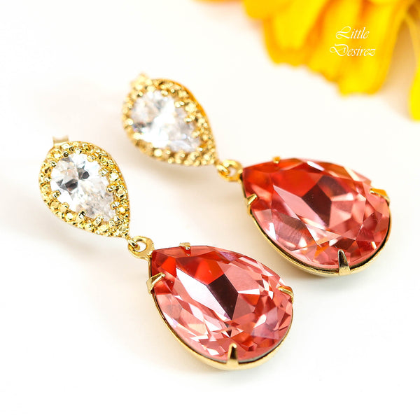 Coral Bridal Earrings Rose Peach Crystal Peach Earrings Sparkly Teardrop Bridesmaid Coral Earring Beach Wedding Jewelry CO31P