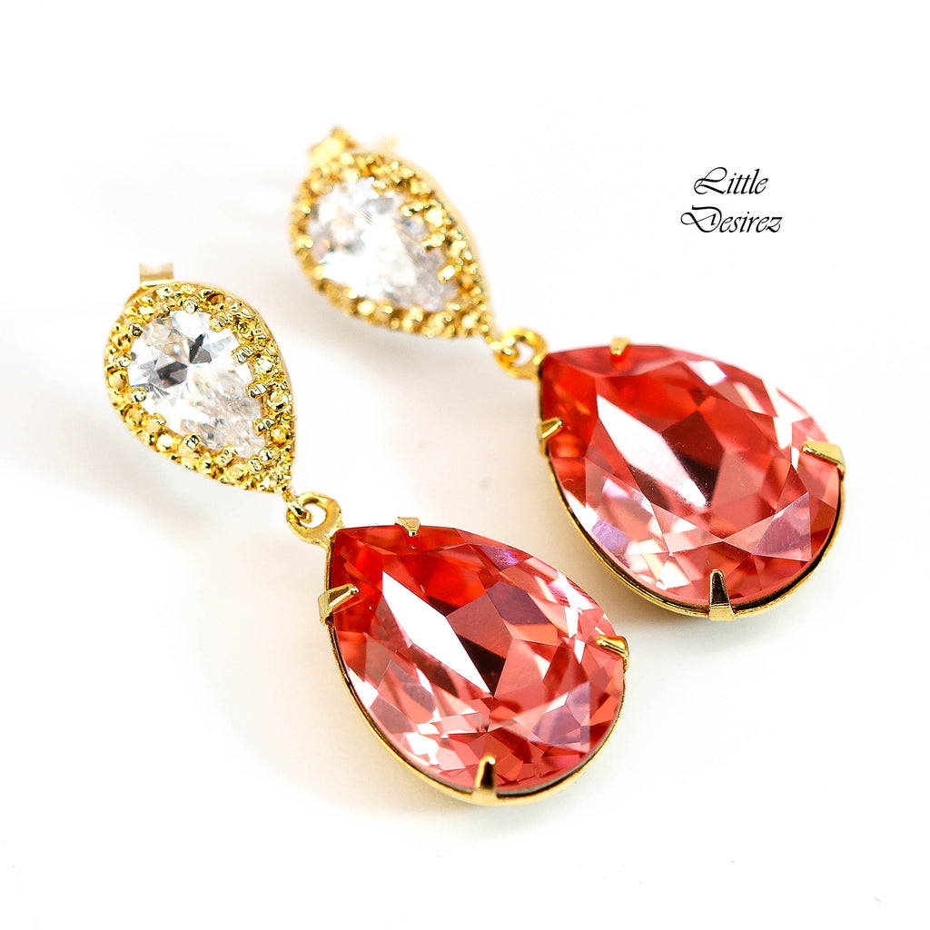 Coral Earrings Peach Earrings Bridal Earrings Rose Peach Crystal Gold Earrings Bridesmaid Earrings Beach Wedding Jewelry CO31P