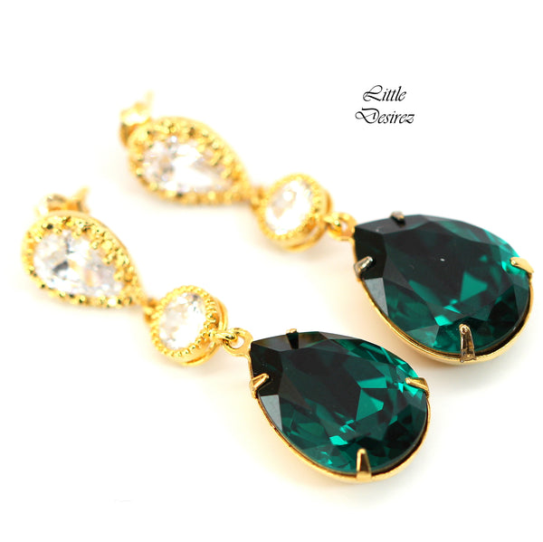 Emerald Green Earrings Gold & Green Earrings  Crystal Teardrop Bridesmaid Earrings Holiday Jewelry Gift Dark Green Earrings EM31PC