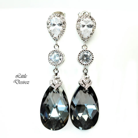 Grey and Silver Earrings Charcoal Grey Earrings  Silver Night Crystal Black and Silver Cubic Zirconia Bridesmaid Earrings SN32PC