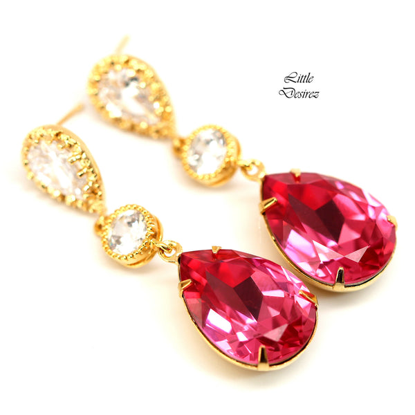 Pink Bridal Earrings Gold Earrings Fuchsia Earrings Hot Pink Earrings Stone Cubic Zirconia Bridesmaid Earrings Dark Pink RP31PC