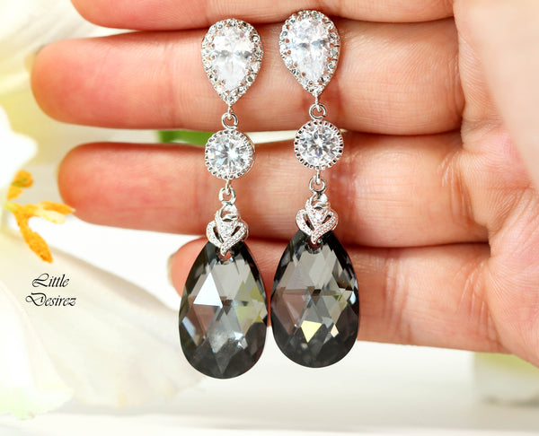 Grey and Silver Earrings Charcoal Grey Earrings  Silver Night Crystal Black and Silver Cubic Zirconia Bridesmaid Earrings SN32PC
