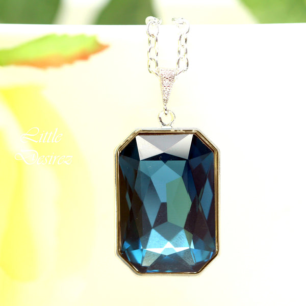 Navy Blue Necklace Crystal Emerald Cut Montana Blue Necklace Large Pendant Statement Jewelry Bridesmaid Gift Fashion Jewelry MO41N