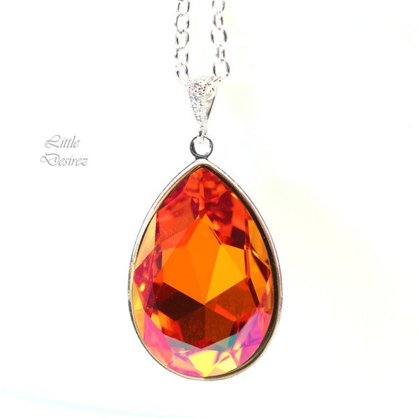Astral Pink Crystal Necklace Large Pendant Statement Necklace Orange Pink Fuchsia Coral Magenta Silver Bridesmaid Necklace AP42N