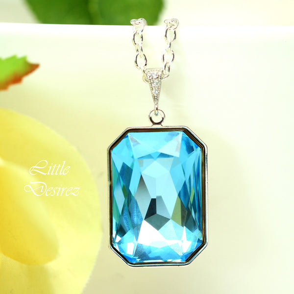 Aquamarine Blue Necklace Light Blue Pendant Large Crystal Emerald Cut Wedding Jewelry Something Blue Bridesmaid Necklace AQ41N