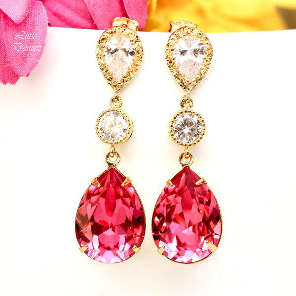 Hot Pink Earrings Fuchsia Earrings Pear Crystal Bridal Earrings Rose Pink Magenta Fuchsia Bridesmaids Pink Earrings RP31PC