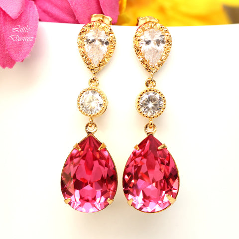 Pink Bridal Earrings Gold Earrings Fuchsia Earrings Hot Pink Earrings Stone Cubic Zirconia Bridesmaid Earrings Dark Pink RP31PC