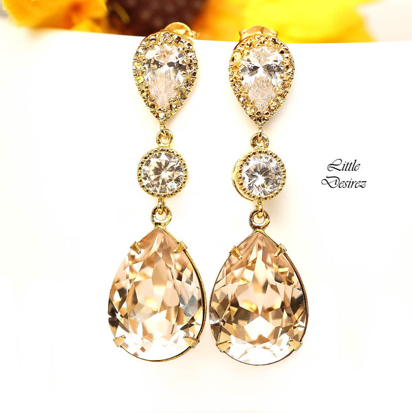 Gold Crystal Earrings Champagne Earrings Bridal Dangle Earrings Silk Earrings Neutral Earrings Nude Color Jewelry Statement Jewelry CH31PC