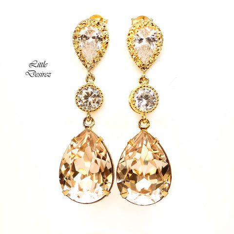 Gold Crystal Earrings Champagne Earrings Bridal Dangle Earrings Silk Earrings Neutral Earrings Nude Color Jewelry Statement Jewelry CH31PC